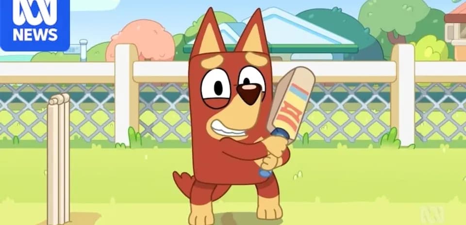 Animated dog character playing cricket with bat