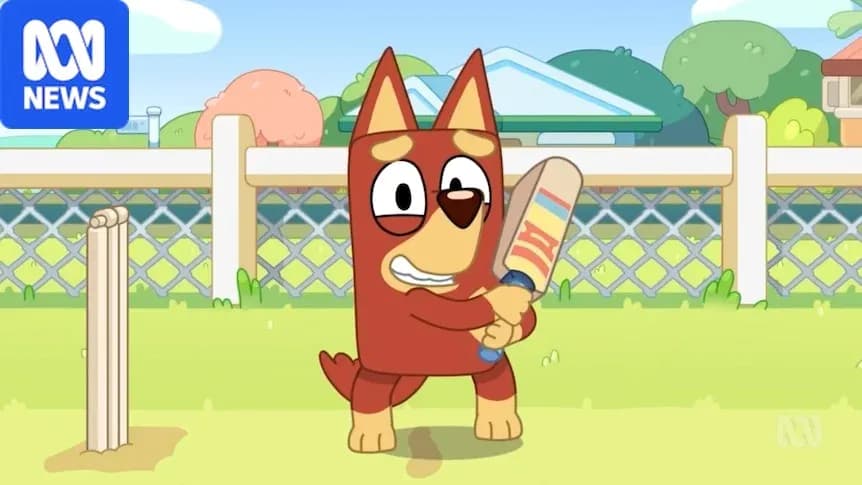 Animated dog character playing cricket with bat