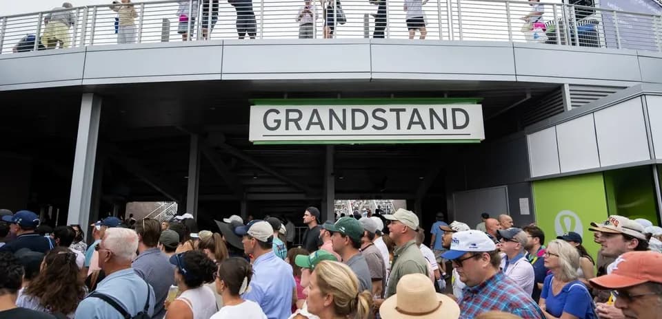 Crowd gathered outside the Grandstand entrance