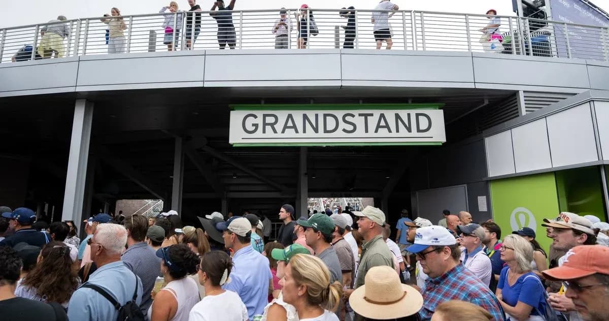 Crowd gathered outside the Grandstand entrance