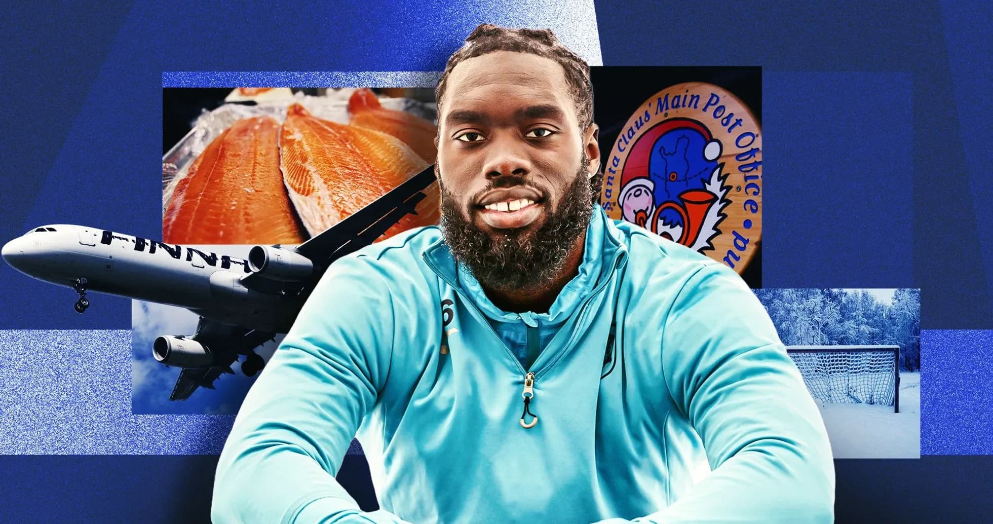 Athlete in blue jacket with various background images