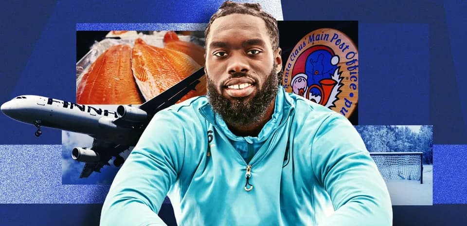 Athlete in blue jacket with various background images