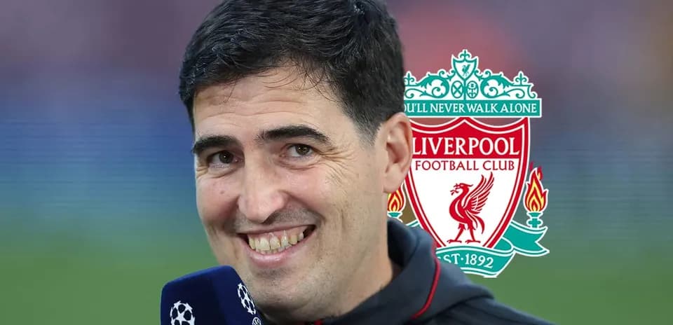 Sport commentator smiling with Liverpool logo background