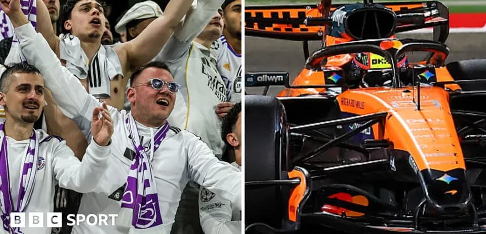 Fans celebrating on left, McLaren F1 car on right
