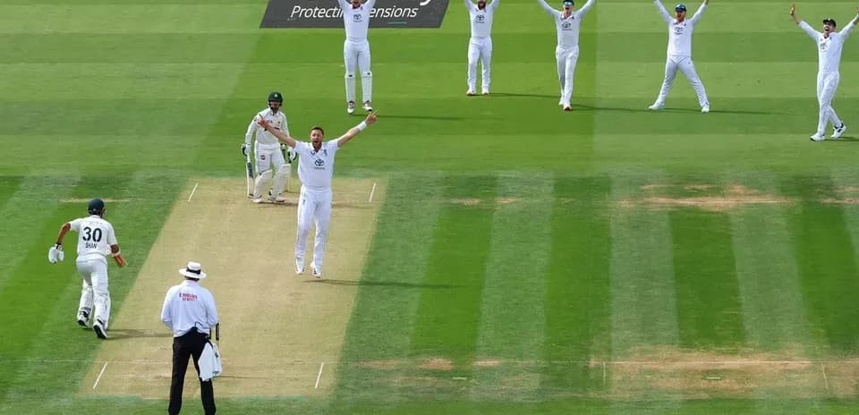 Bowler celebrating appeal with teammates during match