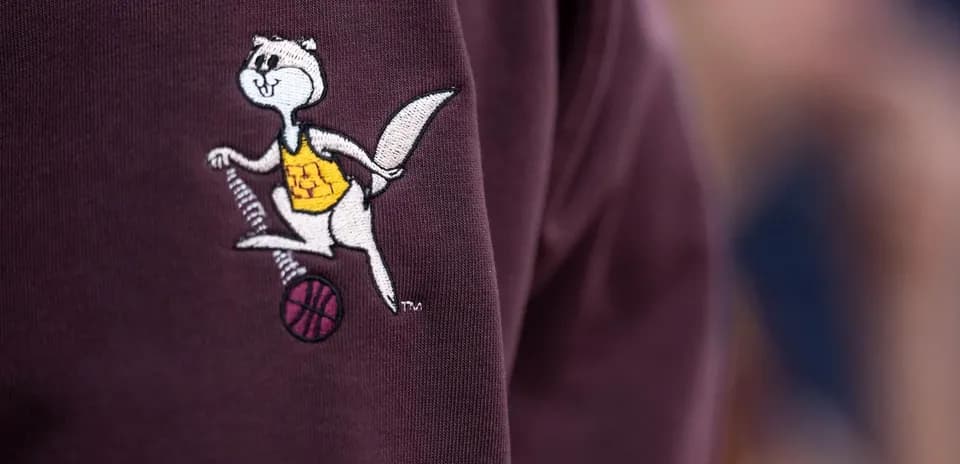 Embroidered mascot logo on dark sweatshirt