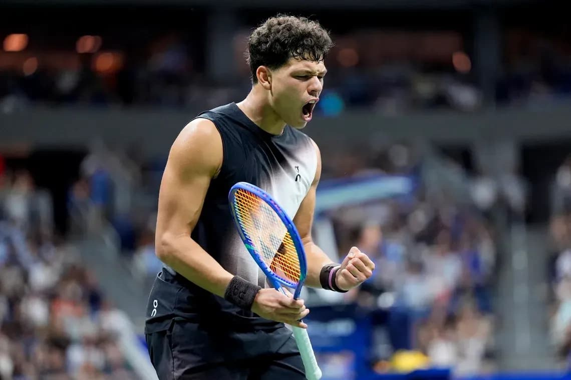 Tennis player celebrating during a match