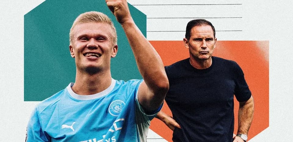 Erling Haaland celebrating, Frank Lampard observing