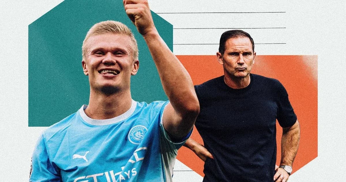Erling Haaland celebrating, Frank Lampard observing
