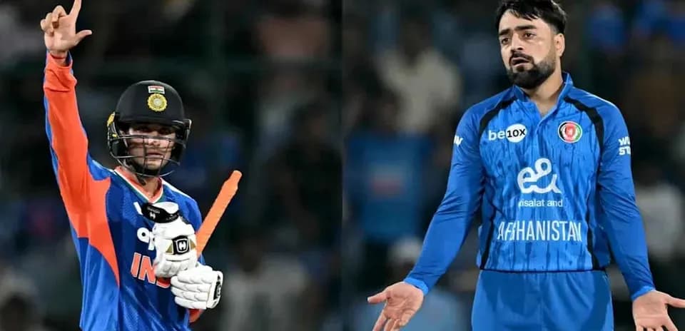 Indian batsman celebrating while Afghan bowler reacts