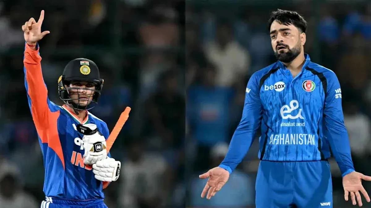 Indian batsman celebrating while Afghan bowler reacts