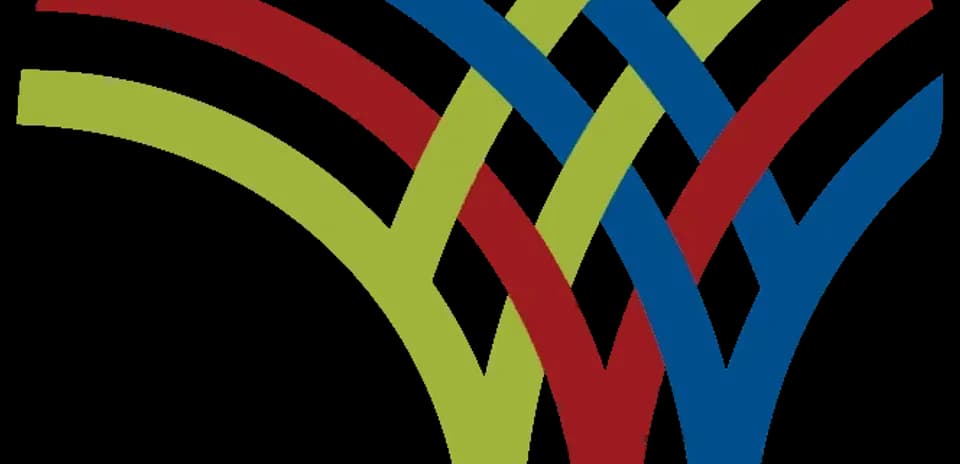 Logo with intertwined colored lines in patterns