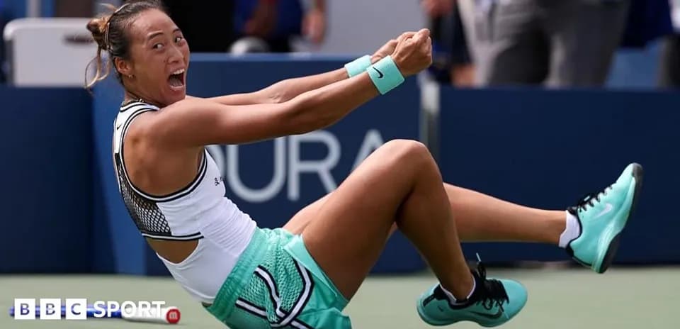 Tennis player celebrating on the court after winning