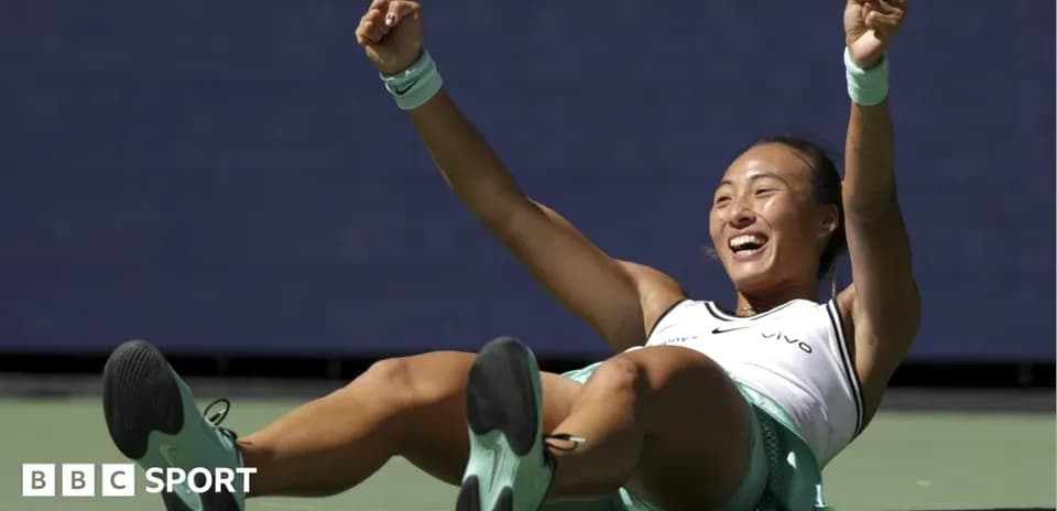 Tennis player celebrating on court after match victory
