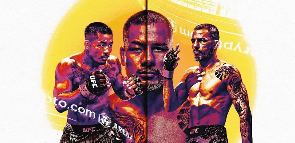 Three fighters in UFC promotional graphic