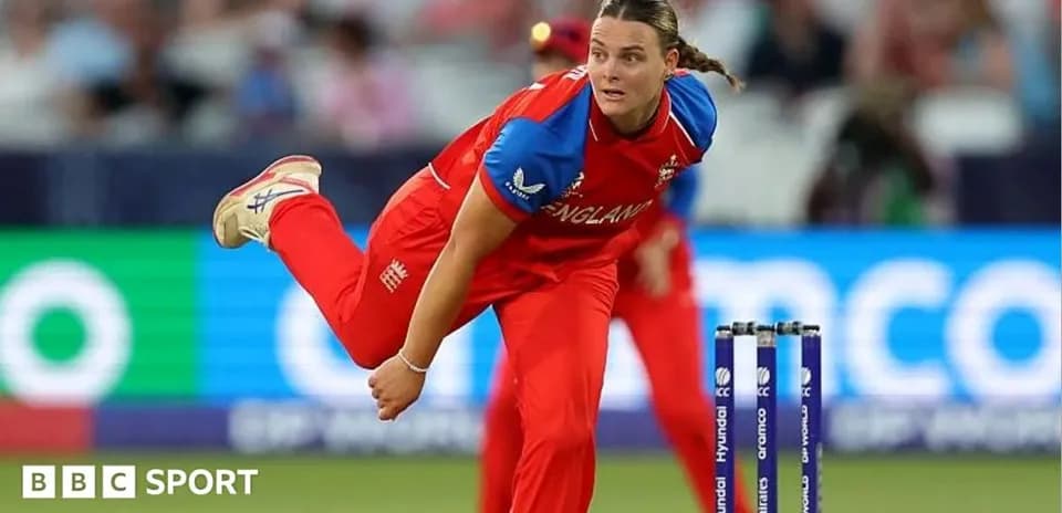England bowler delivering a ball in cricket match