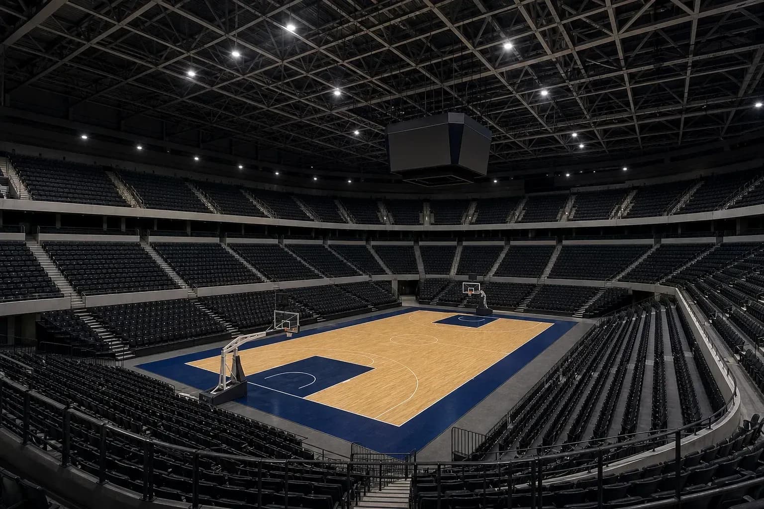 Empty basketball arena with wooden court and bleachers