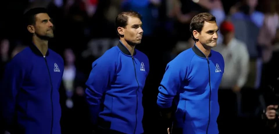 Novak Djokovic, Rafael Nadal, and Roger Federer in blue jackets