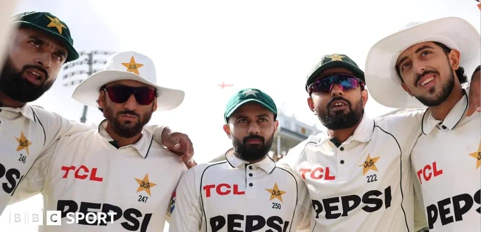 Pakistani cricket team players posing together outdoors