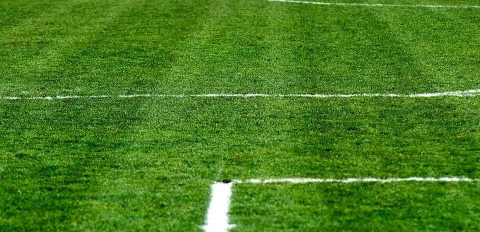Close-up of a green football pitch with markings