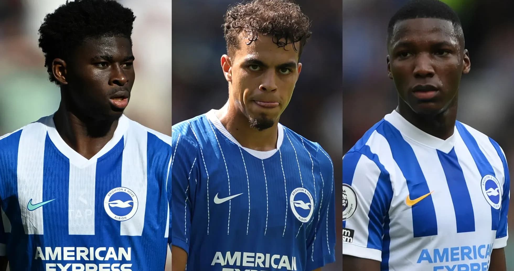 Three Brighton players in blue jerseys during match