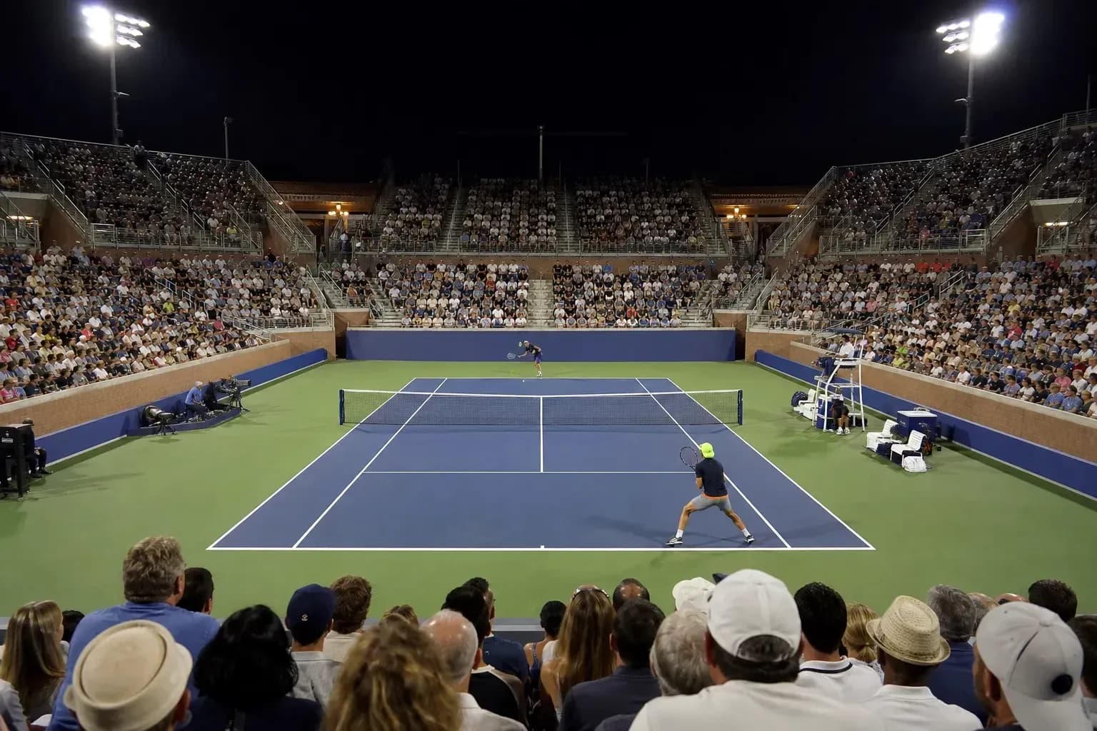 Players competing in a night tennis match with spectators
