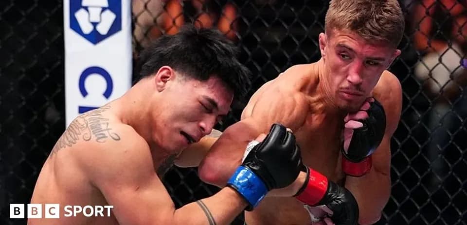 Two fighters exchanging blows in the octagon