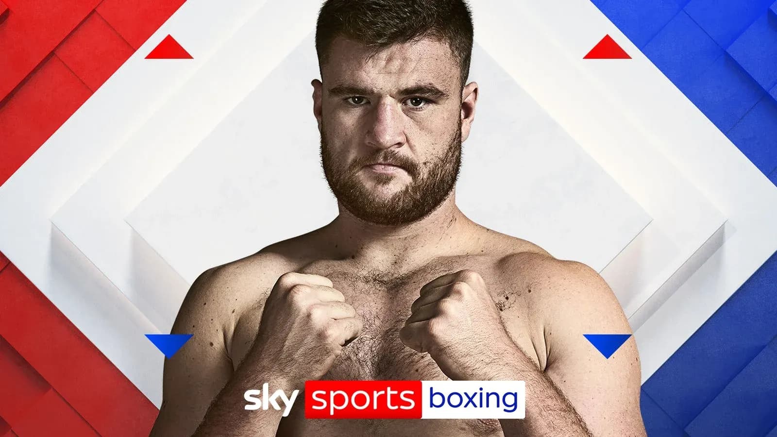 Boxer posing with fists raised against backdrop