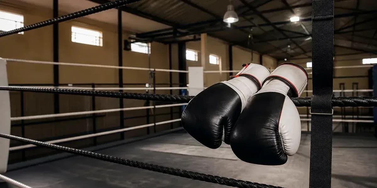 Boxing gloves hanging on the ring ropes