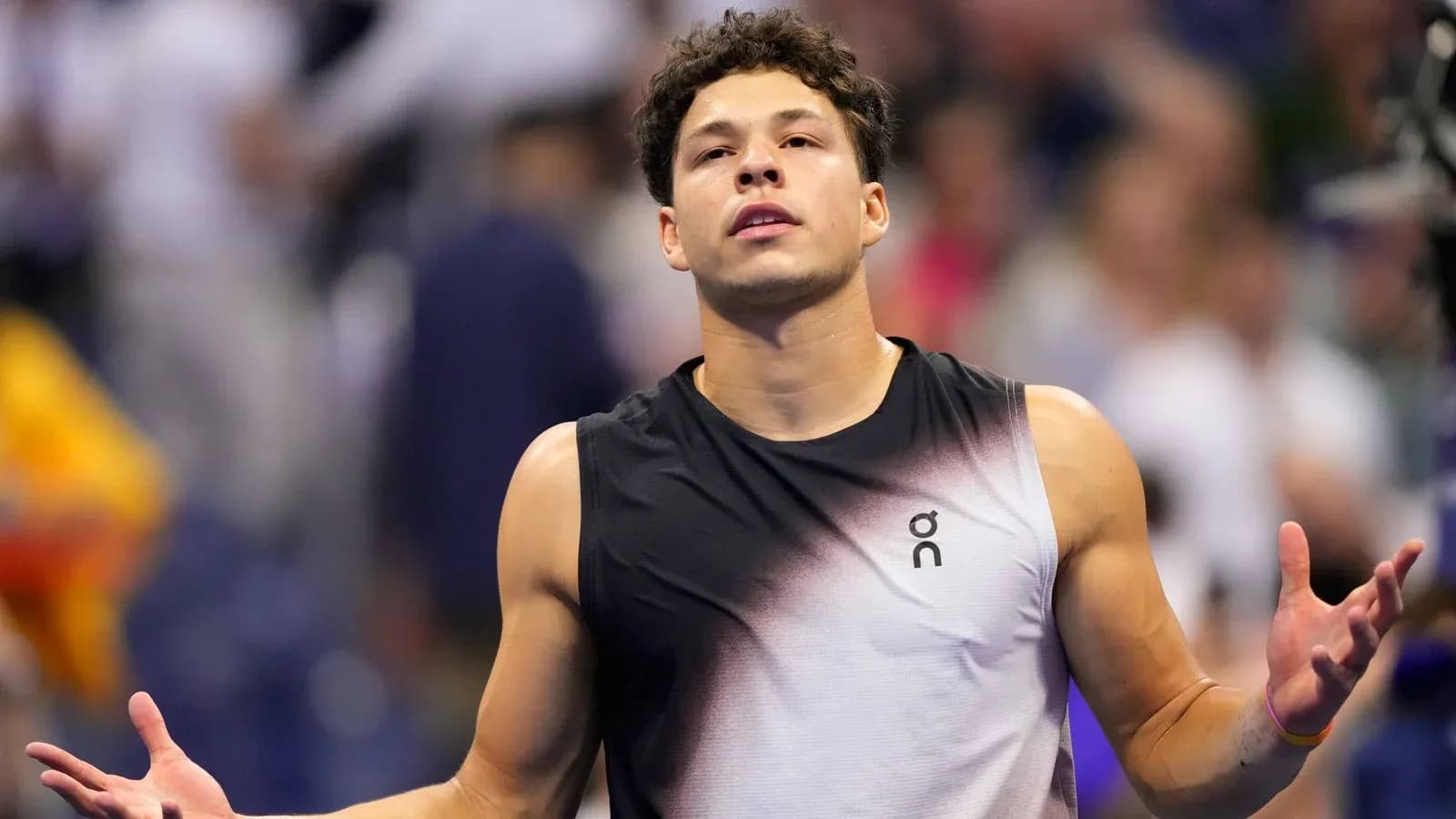 Tennis player gesturing during match at tournament Tennis player gesturing during match at tournament