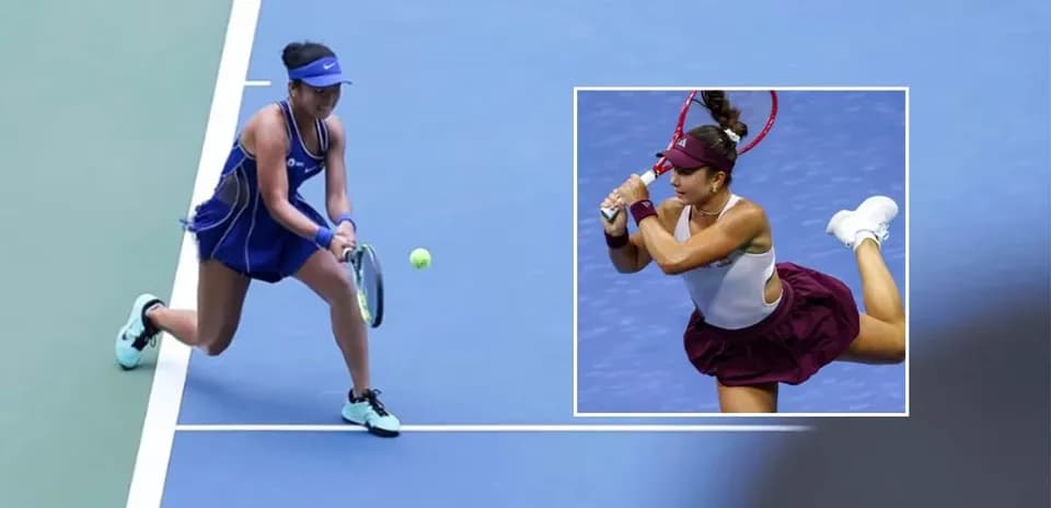 Two female tennis players competing on court