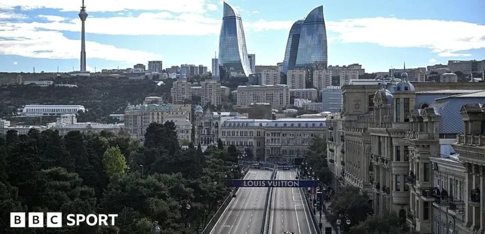 View of Baku cityscape with racing track below