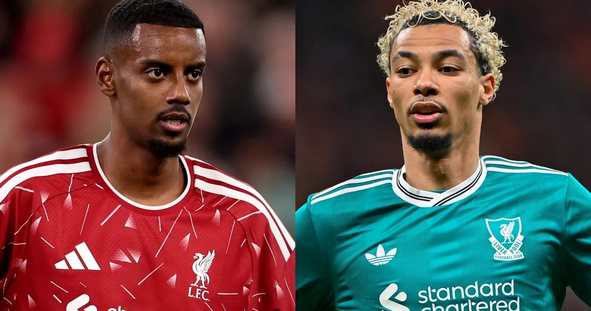 Two Liverpool players in match jerseys