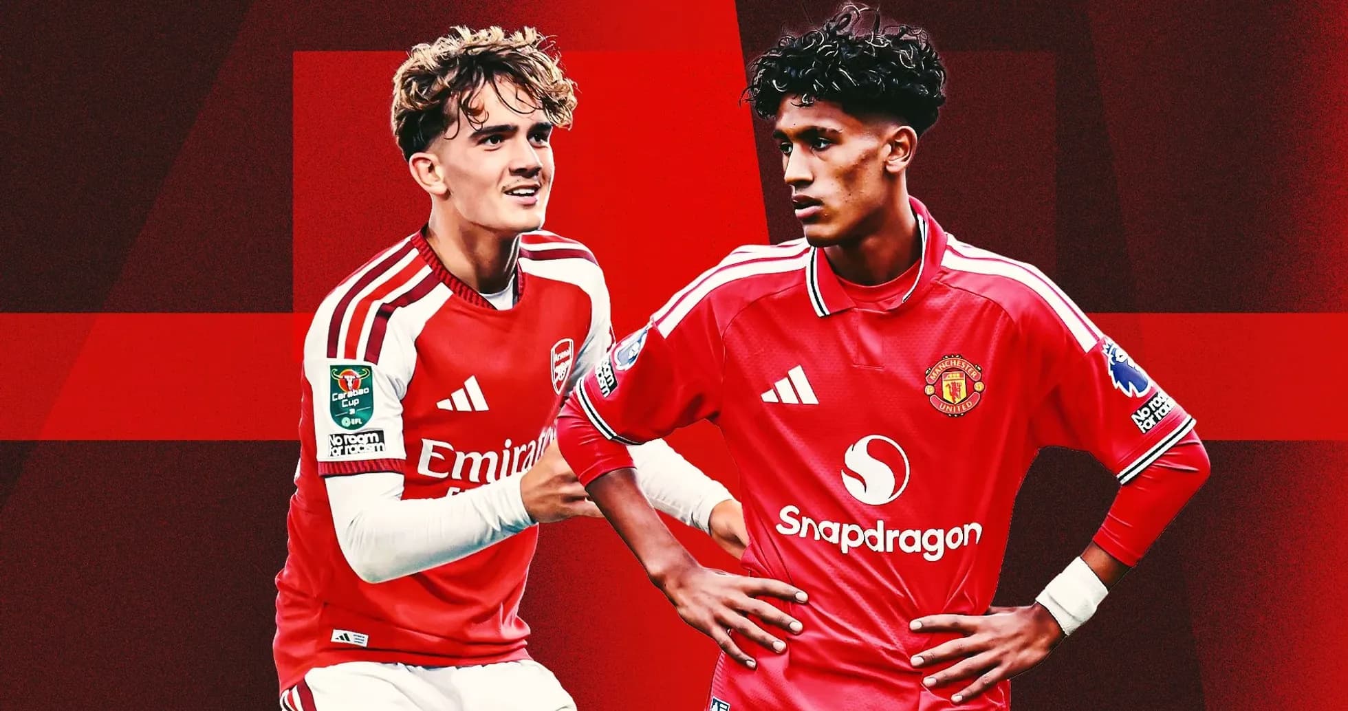 Two young football players in club jerseys