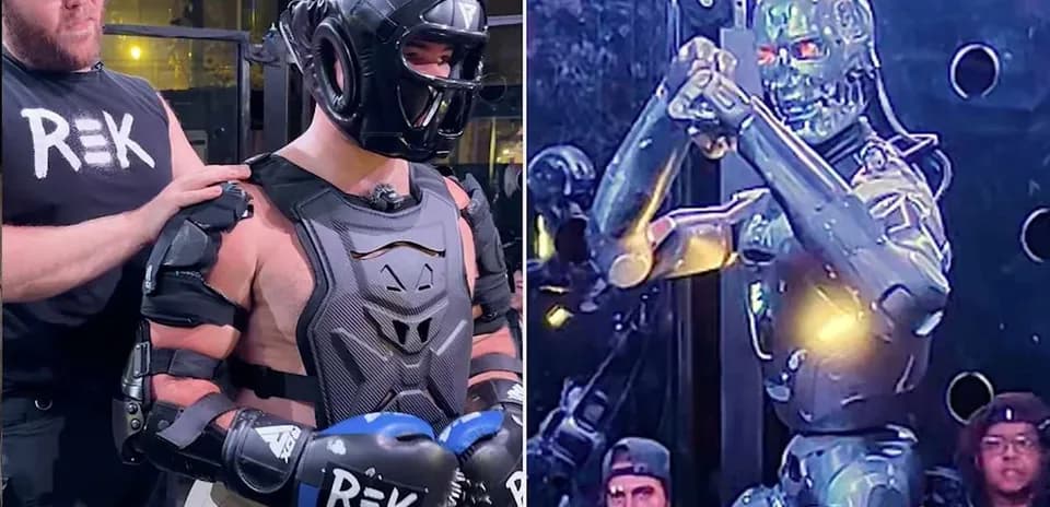 Person in protective gear preparing for robot match