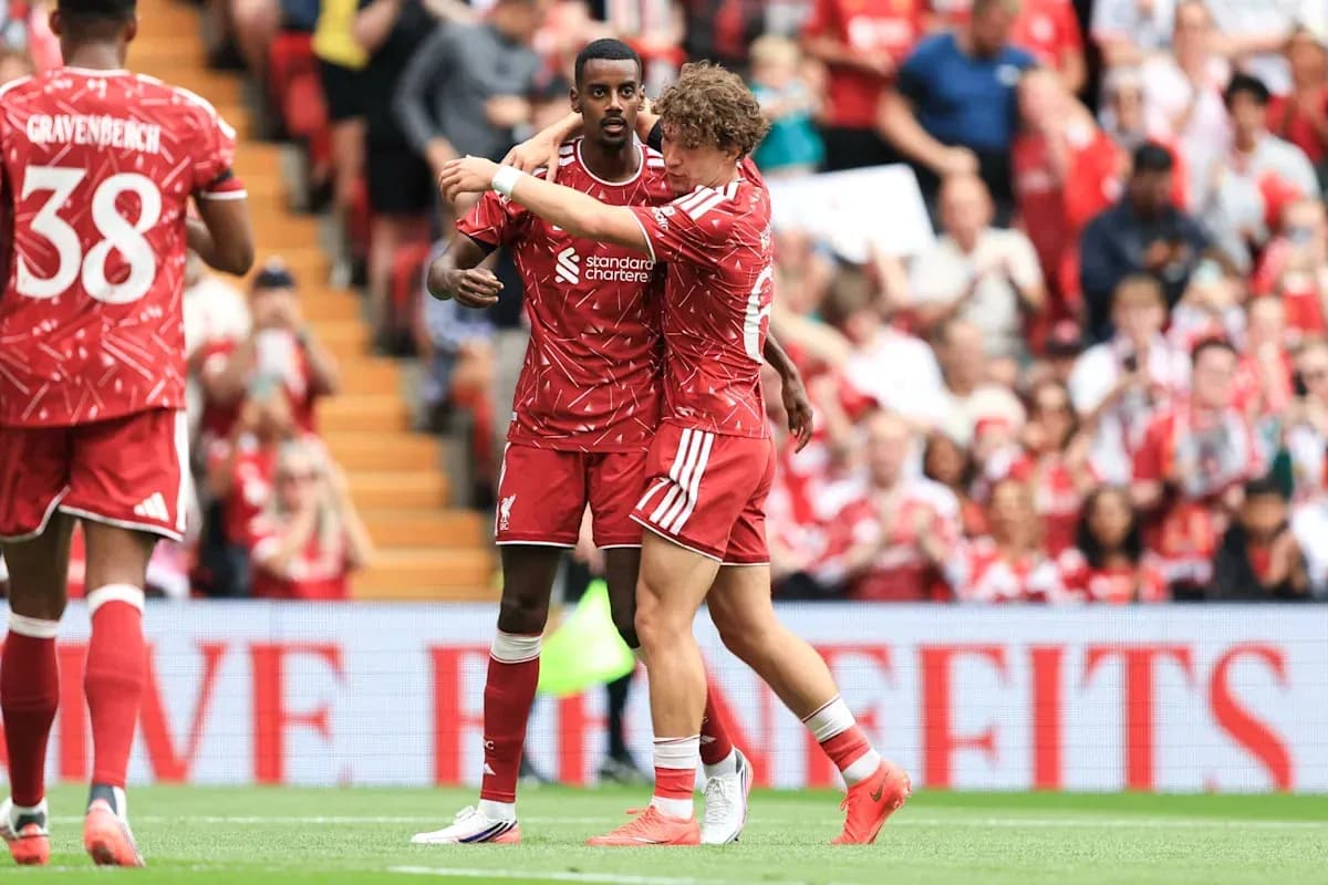 Two Liverpool players celebrating on the field