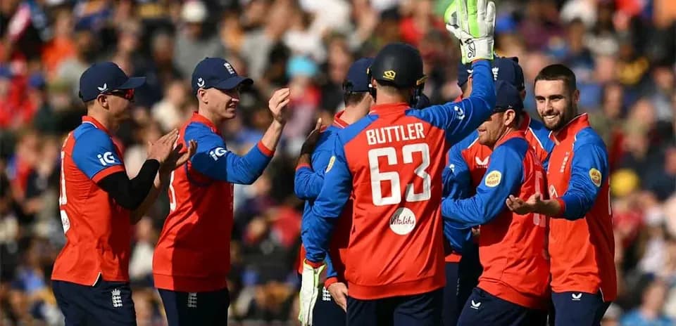 England cricket team celebrating a wicket during match