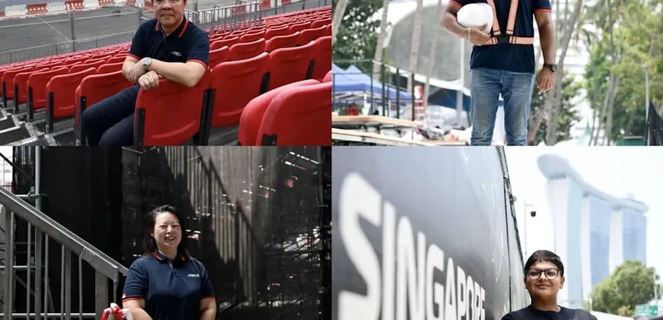 Four individuals at a motorsport event venue