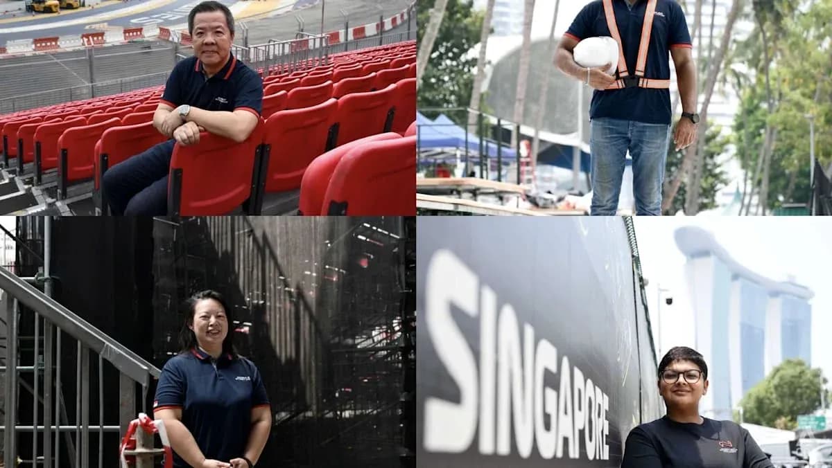 Four individuals at a motorsport event venue