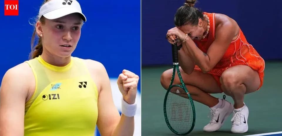 Two tennis players in contrasting emotions during match