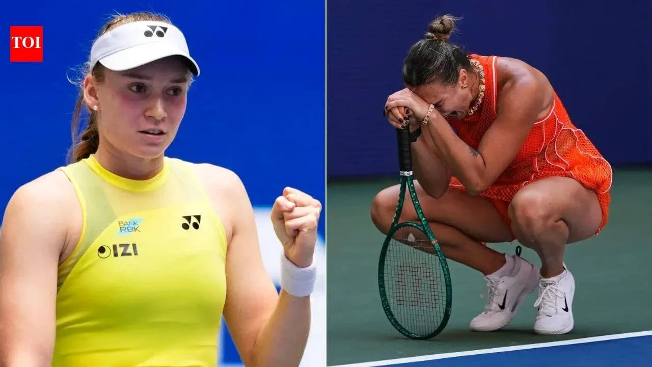 Two tennis players in contrasting emotions during match