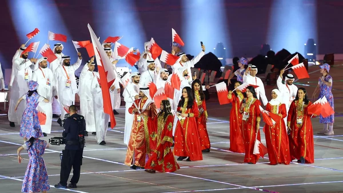 Bahrain team parading with flags at ceremony