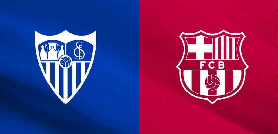 Sevilla and Barcelona team logos on colored backgrounds