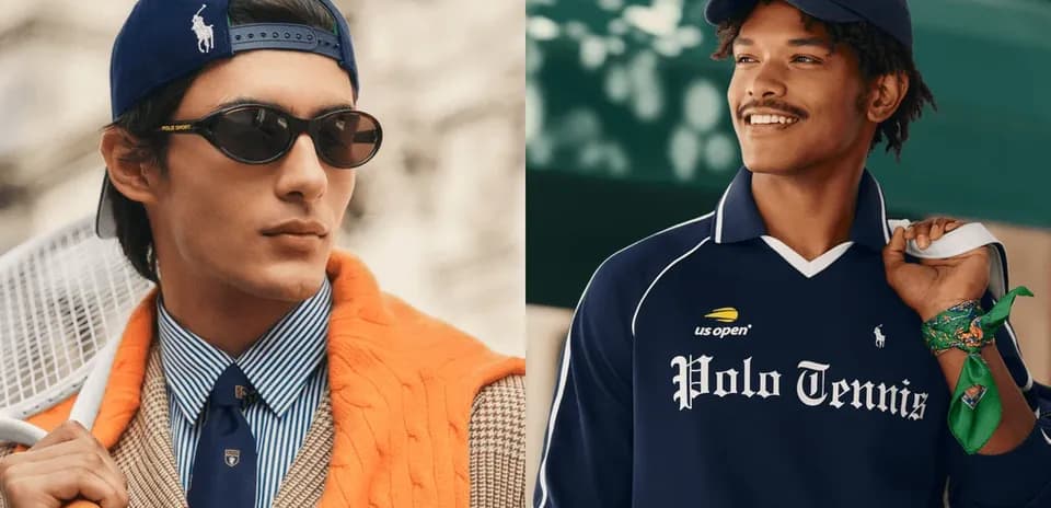 Two models showcasing Polo Tennis apparel and accessories