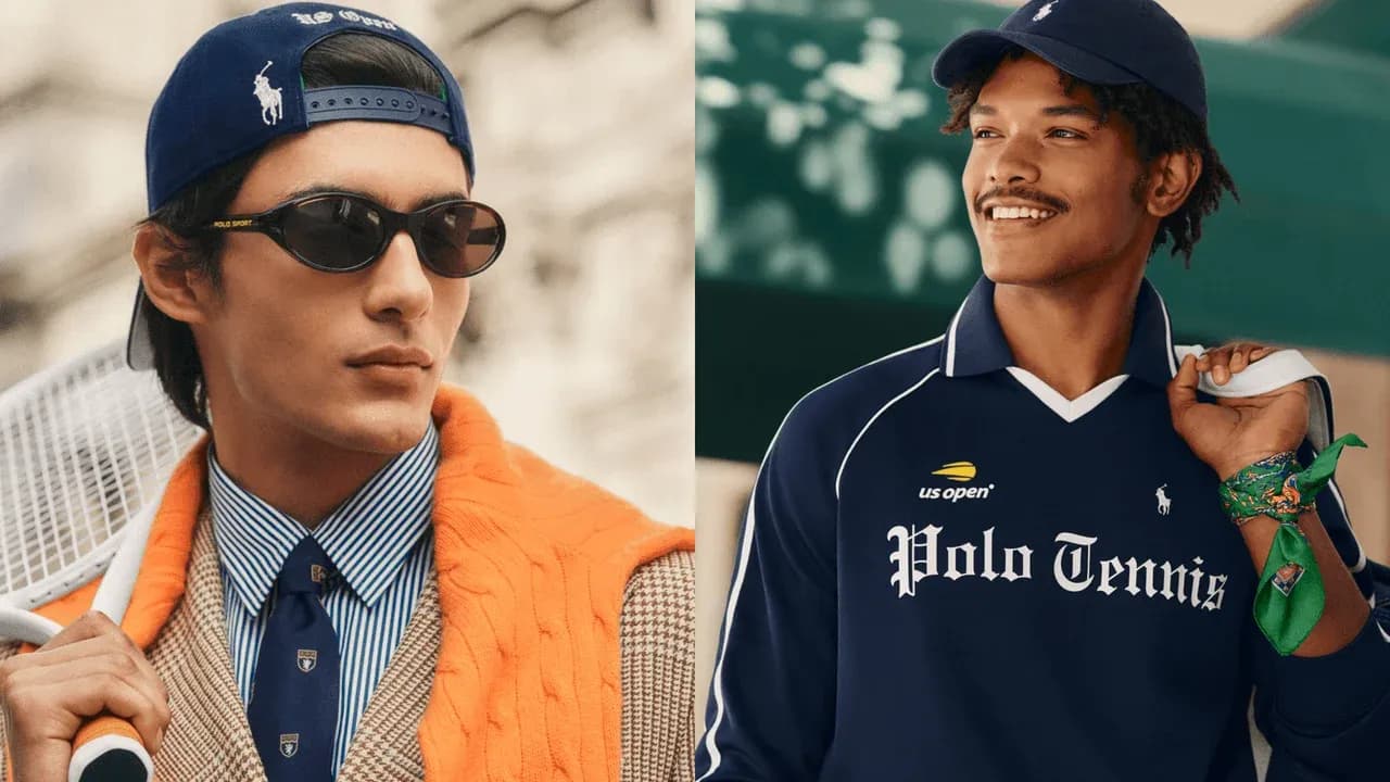Two models showcasing Polo Tennis apparel and accessories