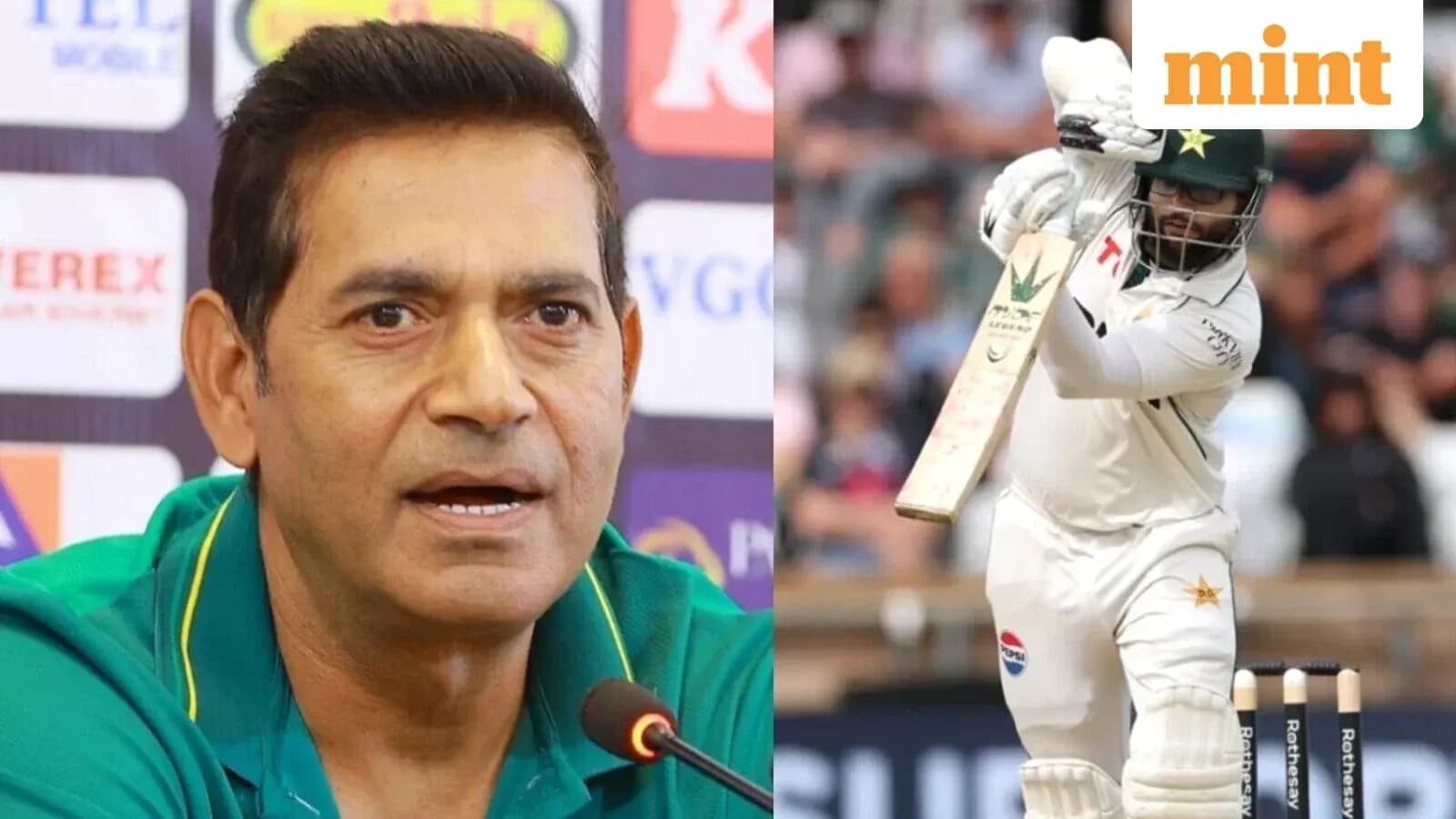 Cricketer batting during match alongside press conference speaker