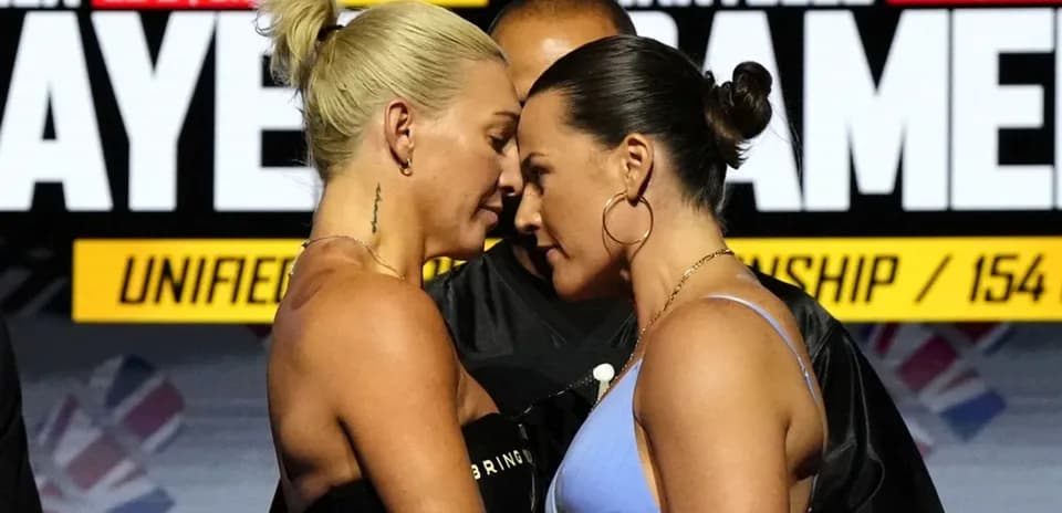 Two boxers facing off during pre-fight weigh-in