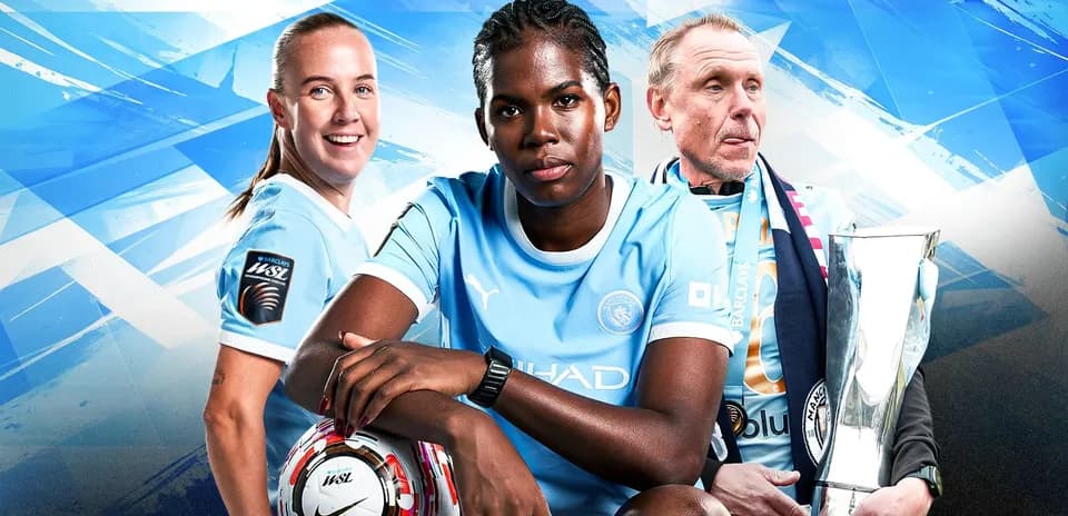 Three Manchester City players with trophy and soccer ball