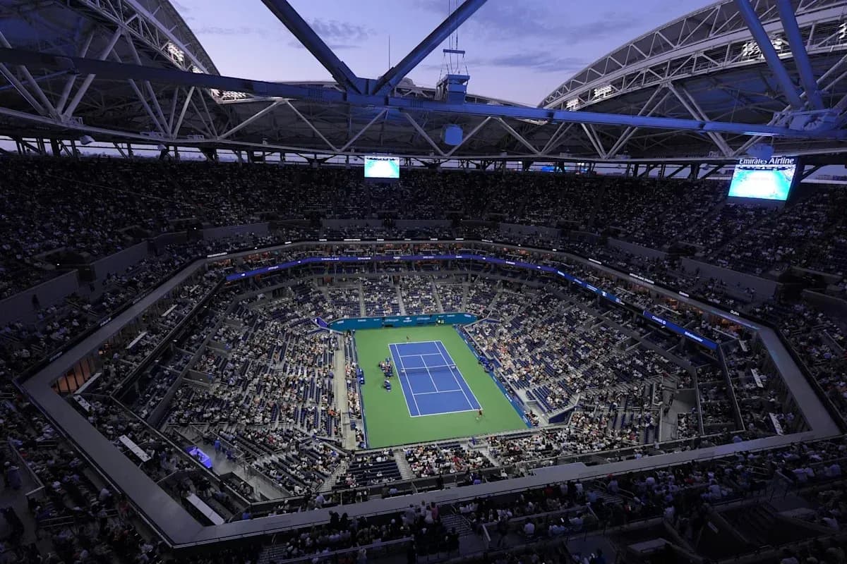 View of stadium filled with spectators during tennis match
