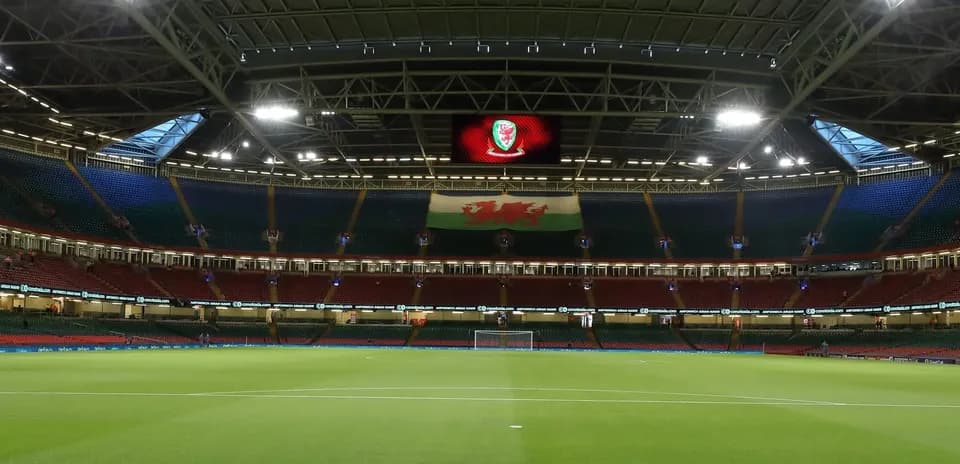 Interior view of stadium with Welsh flag displayed